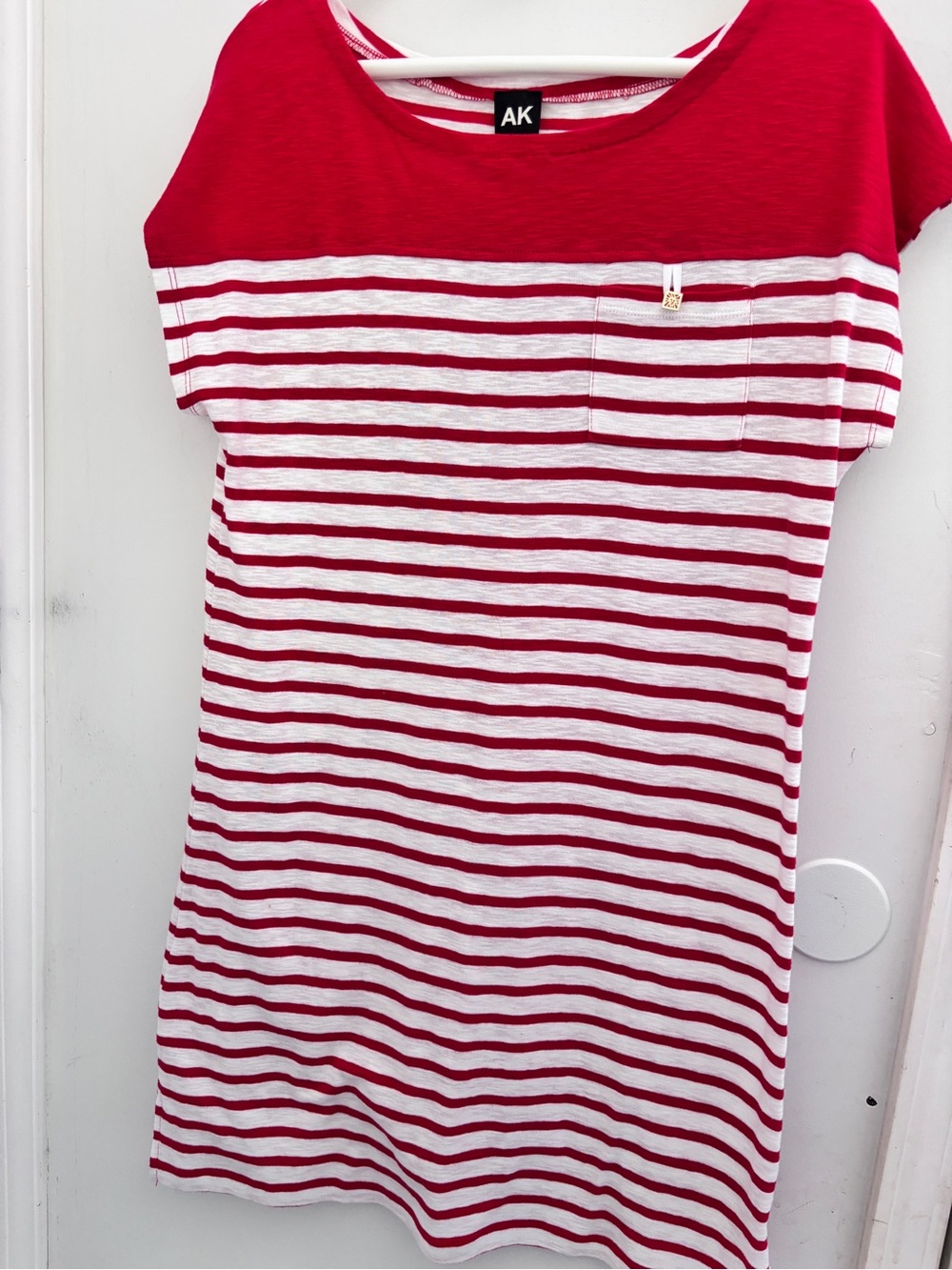 Anne Klein Summer Red White Striped Medium Sheath Tee Shirt Dress Pocket 44x37